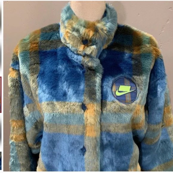 Nike Faux Fur Plaid Jacket Blue Green oversized Sportswear streetwear - Picture 6 of 11